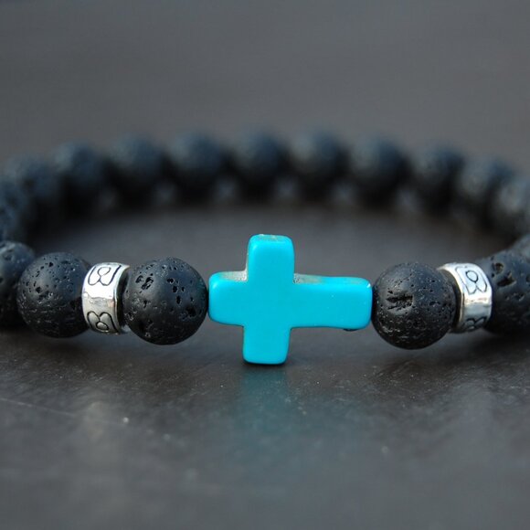 Lava Bracelet,Cross Bracelet,Turquoise Cross Lava Bracelet - Picture 2 of 2